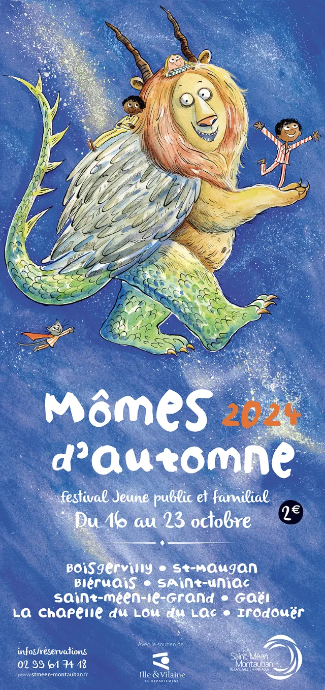 Whimsical lion-like creature holding a child on blue background