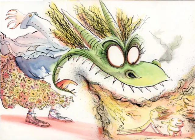 Green dragon breathing fire towards a frightened woman in floral dress