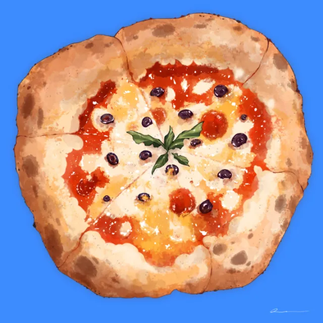 Rustic pizza topped with melted cheese, olives, and basil leaves on blue