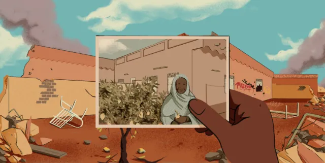 Hand holding photo of woman in devastated cityscape with damaged buildings.