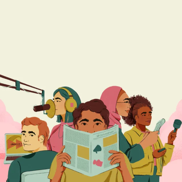 Group of four diverse people involved in reading, gaming, and recording