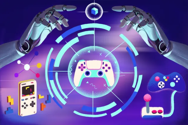 Robotic hands with retro and modern game controllers by Li Zhang