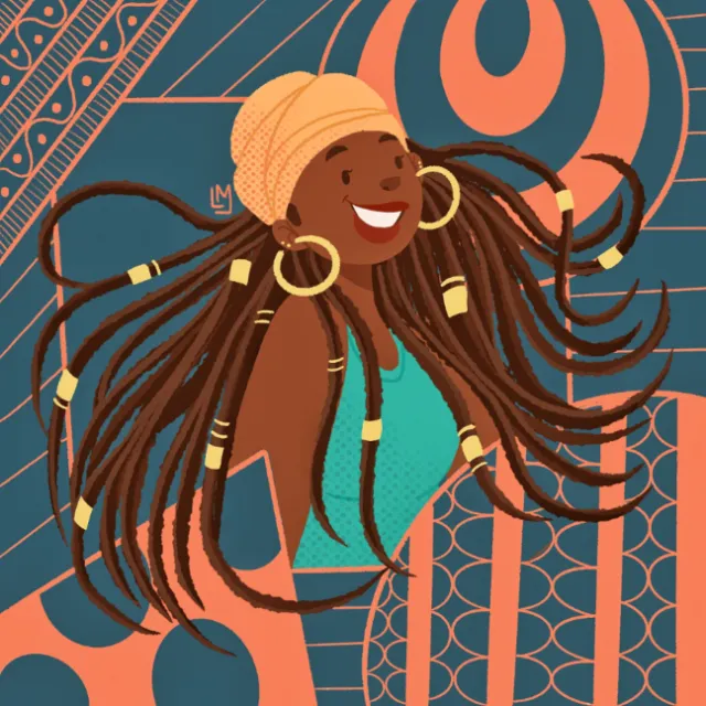 Happy woman with long dreadlocks and gold hoop earrings smiling.