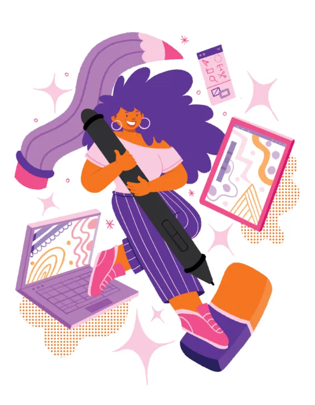 Creative designer holding a large stylus with digital devices and graphics by Lhaiza Morena