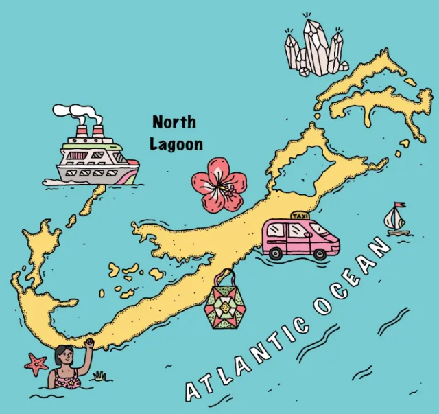 Illustrated map of Bermuda with landmarks and Atlantic Ocean label