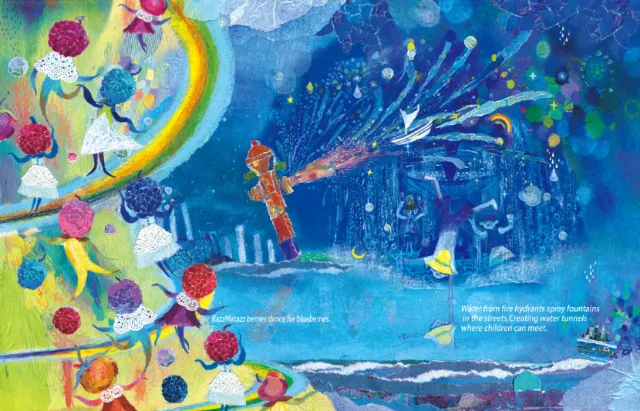 Children playing near a rainbow with magical creatures in a vibrant night sky.