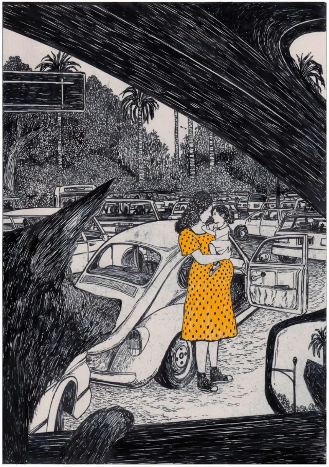 Couple hugging beside vintage car in traffic with cityscape background.