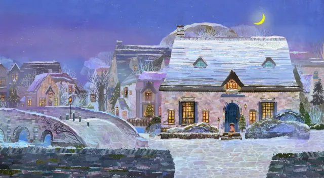 Snow-covered village houses at night with crescent moon and warm glow