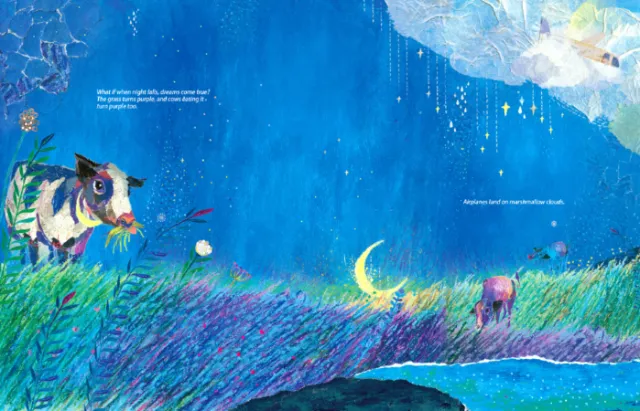 Whimsical night scene with owl, crescent moon, and meadow by Tang Wei