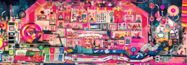 Bright mixed-media collage featuring diverse objects and vivid patterns