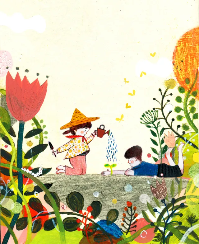 Two children watering plants surrounded by vibrant flowers and greenery