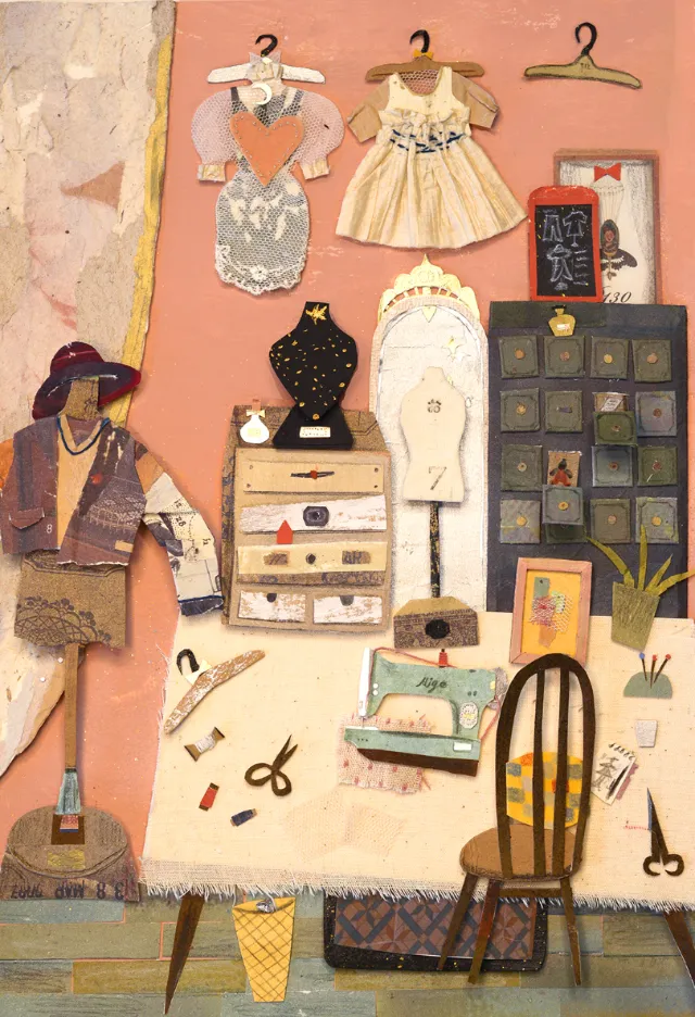 Sewing room wall with dresses, mannequin, scissors, and drawers