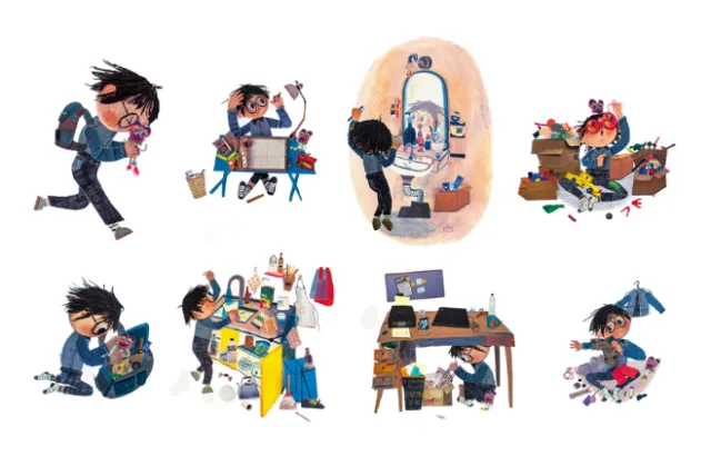 Cartoon character performing various daily activities including shopping and working.