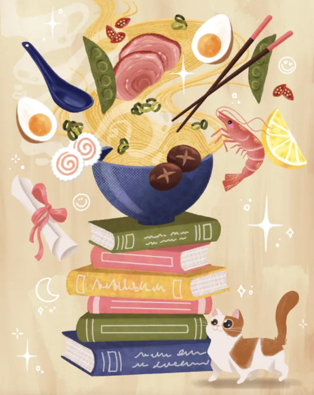 Ramen bowl with floating ingredients above books and a cat looking up