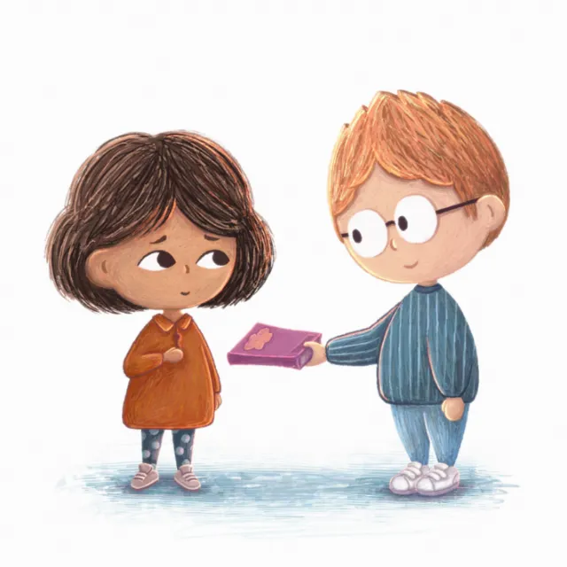 Boy with glasses handing a purple book to a girl