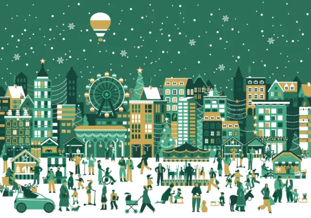 Winter cityscape with ice skaters, snowflakes, hot air balloon, and festive lights