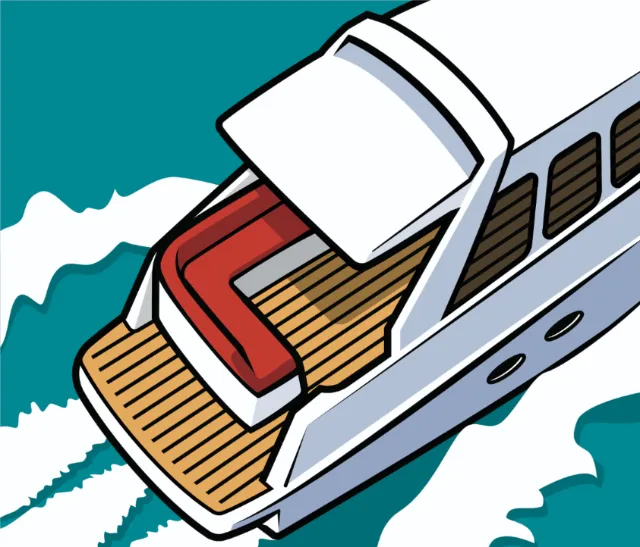 Top view of a luxury yacht cruising with open rear deck