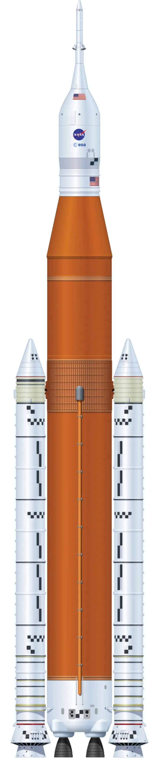 Technical illustration of a large rocket with boosters