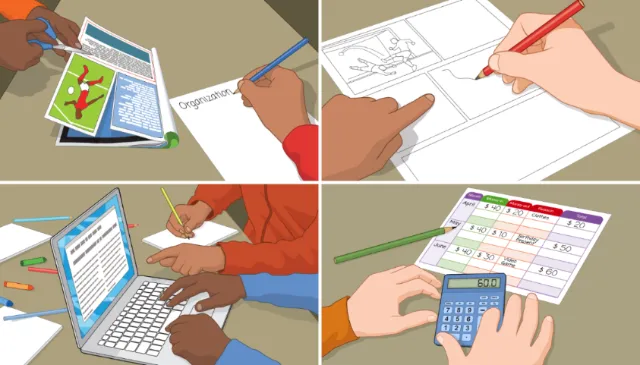 Children drawing and studying with school supplies and calculator
