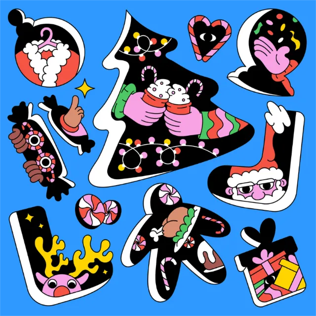 Colorful Christmas-themed stickers on blue background