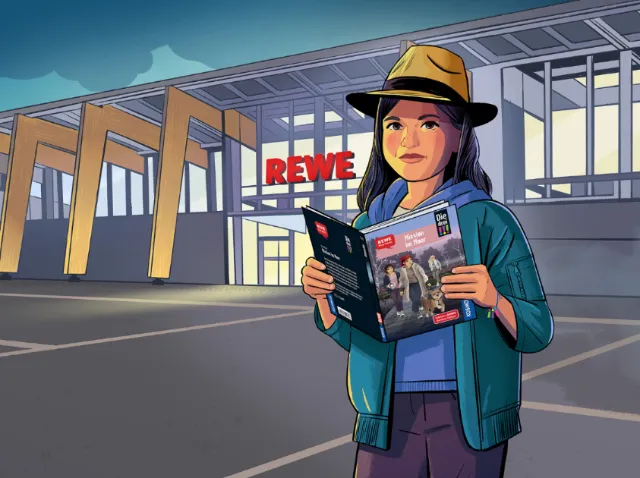 Person holding Die drei book outside Rewe store by Chris King