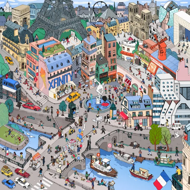 Illustrated busy Paris street scene with Eiffel Tower, boats, and buildings
