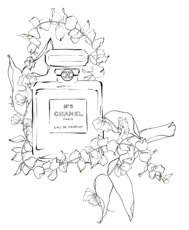 Line drawing of Chanel No. 5 perfume bottle surrounded by flowers