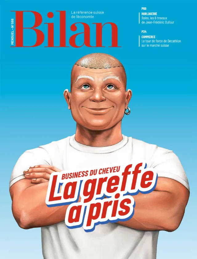 Confident man with hair transplant illustration and overlay text in French.