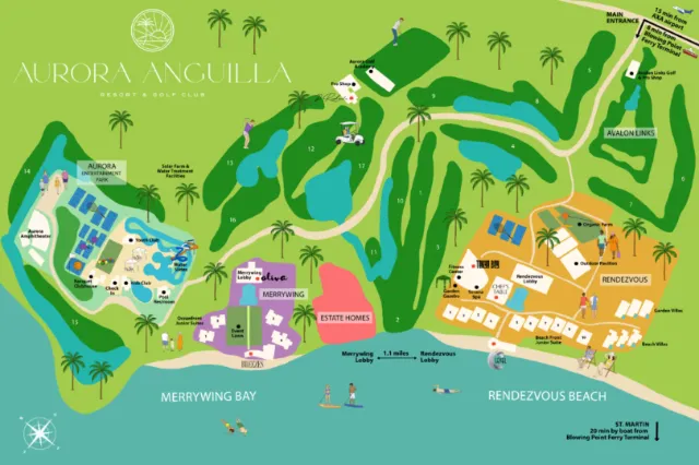Caribbean vacation map with people and leisure scenes