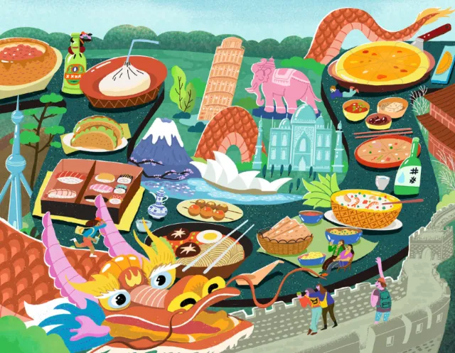 Asian landmarks and traditional food in vibrant, detailed illustration
