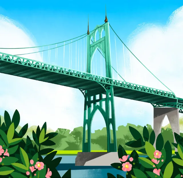 Illustration of St. John's Bridge in Portland with green foliage nearby by Drew Bardana