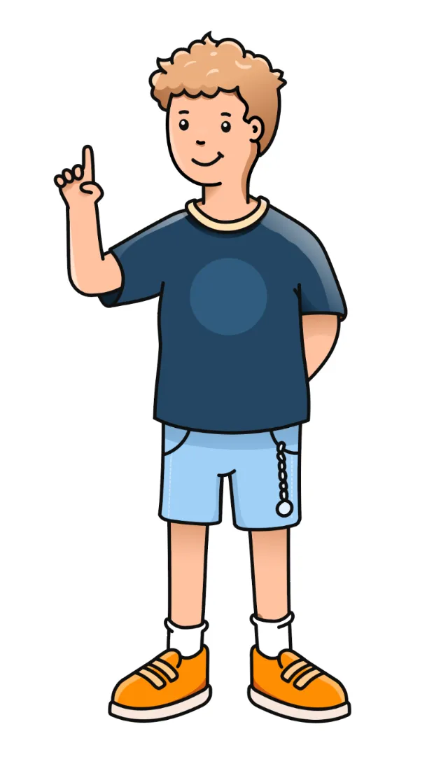 Boy with curly hair pointing upward wearing shorts and sneakers