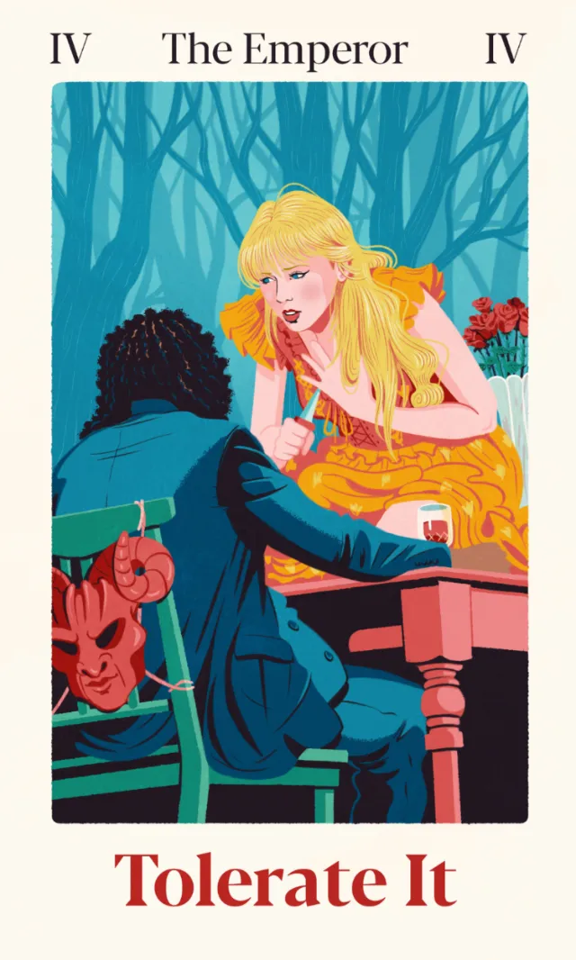The Emperor tarot card with a woman and a seated figure in a forest.