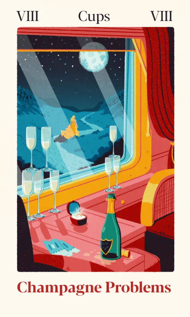 Tarot card showing champagne bottle, glasses, and moonlit window scene.