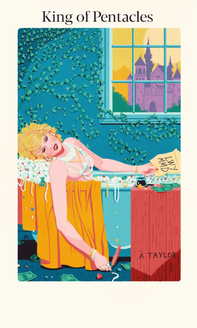 King of Pentacles tarot card featuring relaxed figure and castle through window