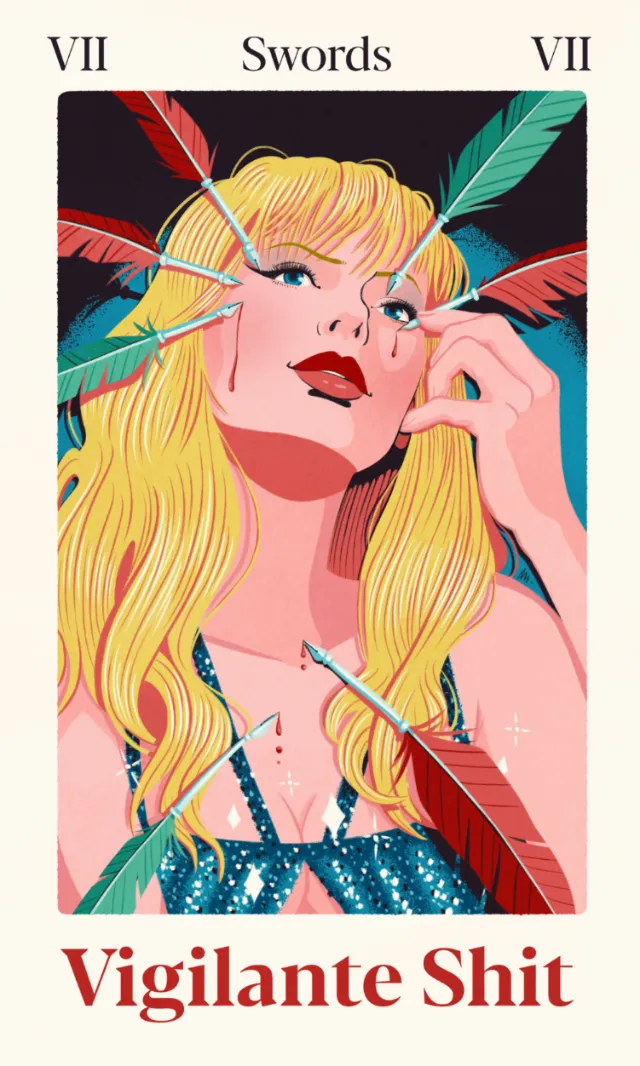 Woman with blond hair pierced by colorful arrows, tarot card
