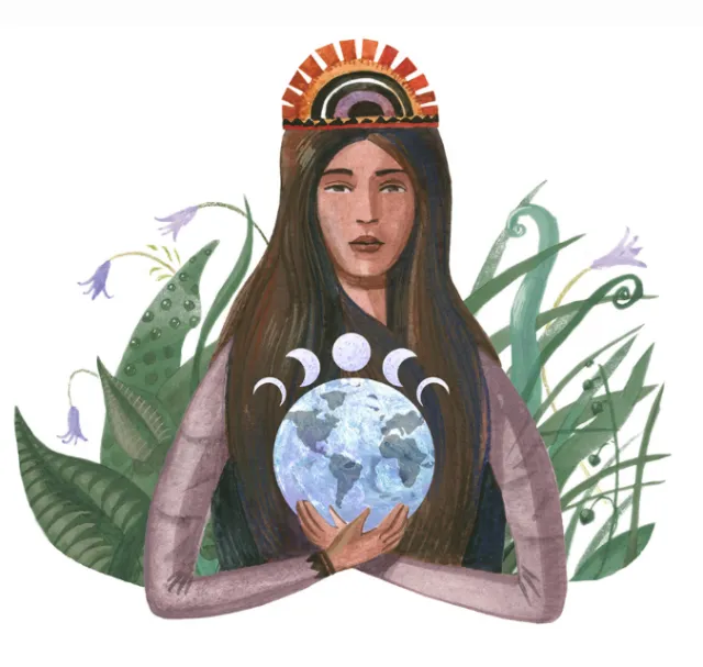 Woman holding Earth globe with moon phases in a garden by Victoria Fomina