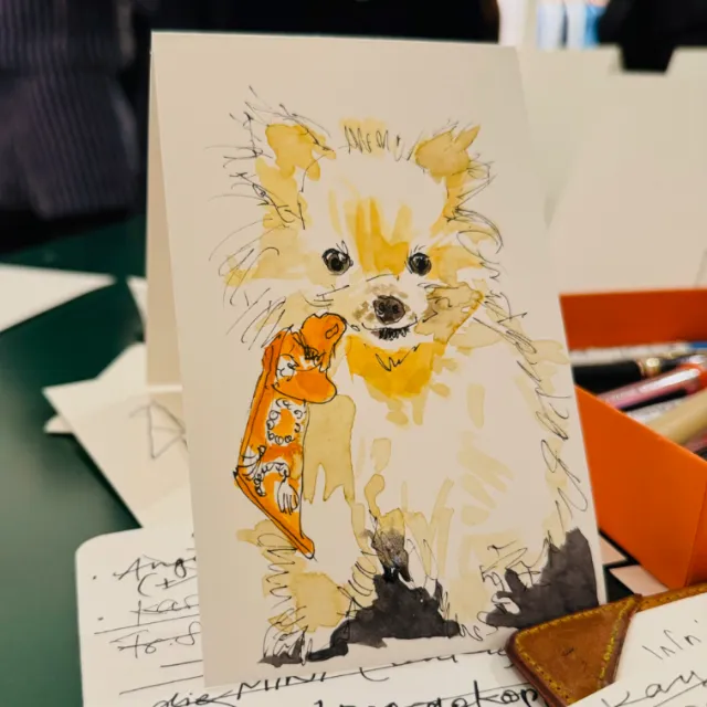 Illustration of small fluffy dog with toy mouse