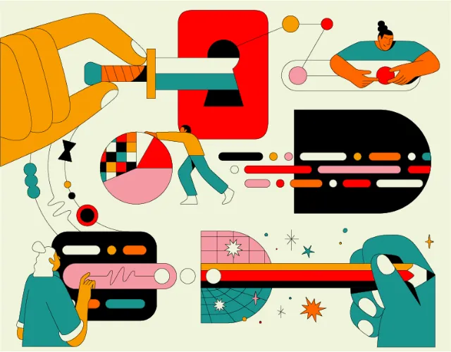 Abstract colorful geometric shapes and illustrative figures in modern style