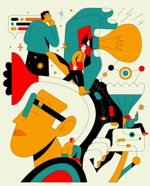 Abstract illustration of people and a large light bulb symbolizing ideas