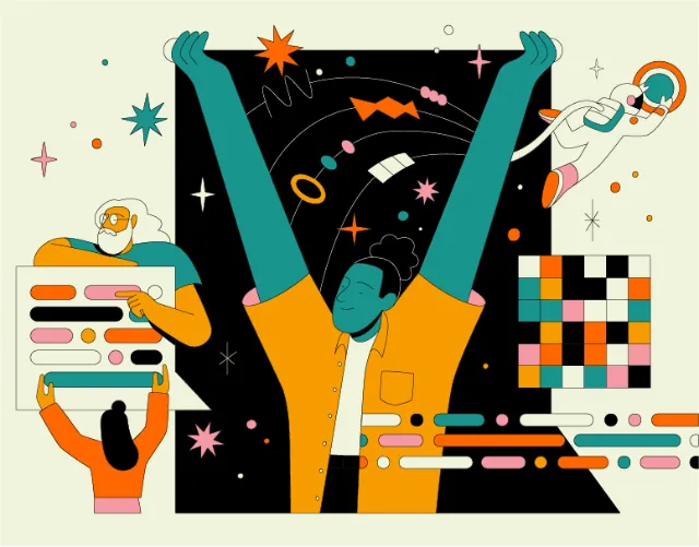 Diverse individuals with data charts and space elements in abstract style