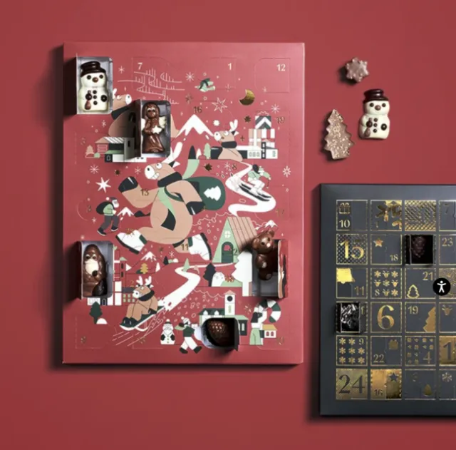 Advent calendar with chocolates and holiday-themed illustrations on red background