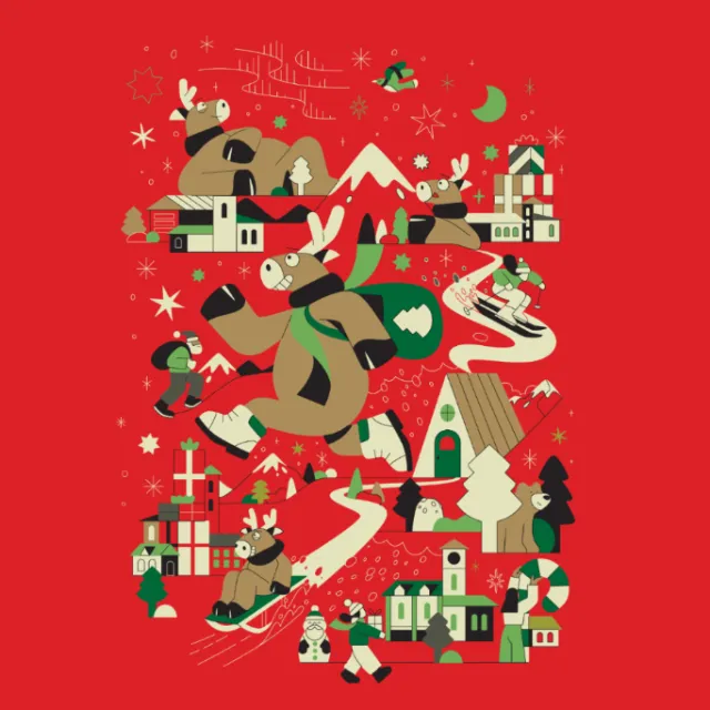 Cartoon reindeer skiing and playing in a snowy winter village