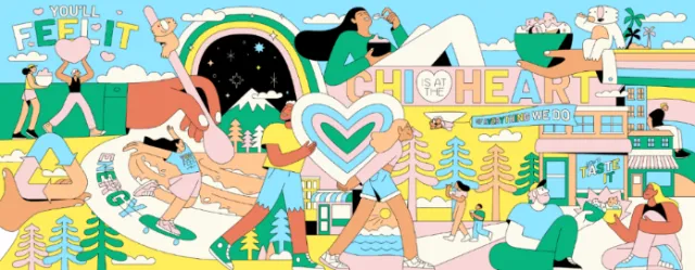 Colorful mural with people, hearts, and nature-themed elements