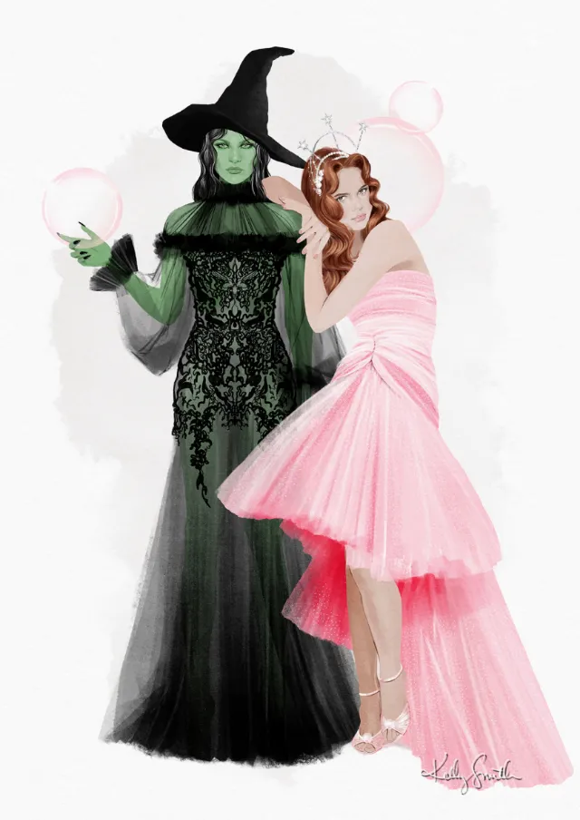 Elphaba and Glinda standing together, Elphaba in green and Glinda in pink by Kelly Smith