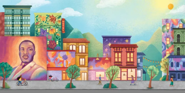 City street mural featuring a portrait and colorful decorated buildings