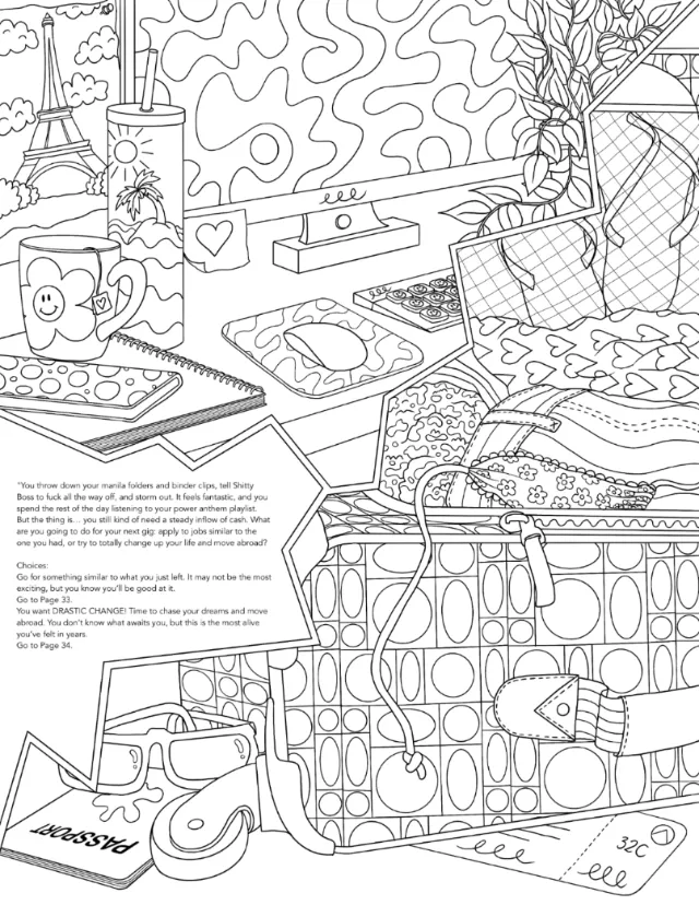 Black and white line art of cluttered desk with tech and personal items by Rachel Winter