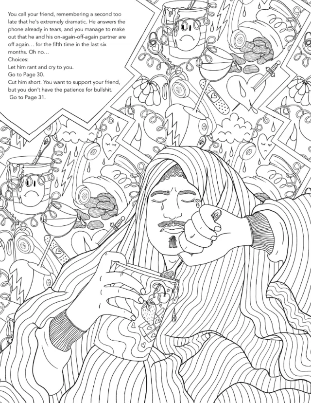 Person in striped clothing reading a comic book with lively illustrated characters behind them.