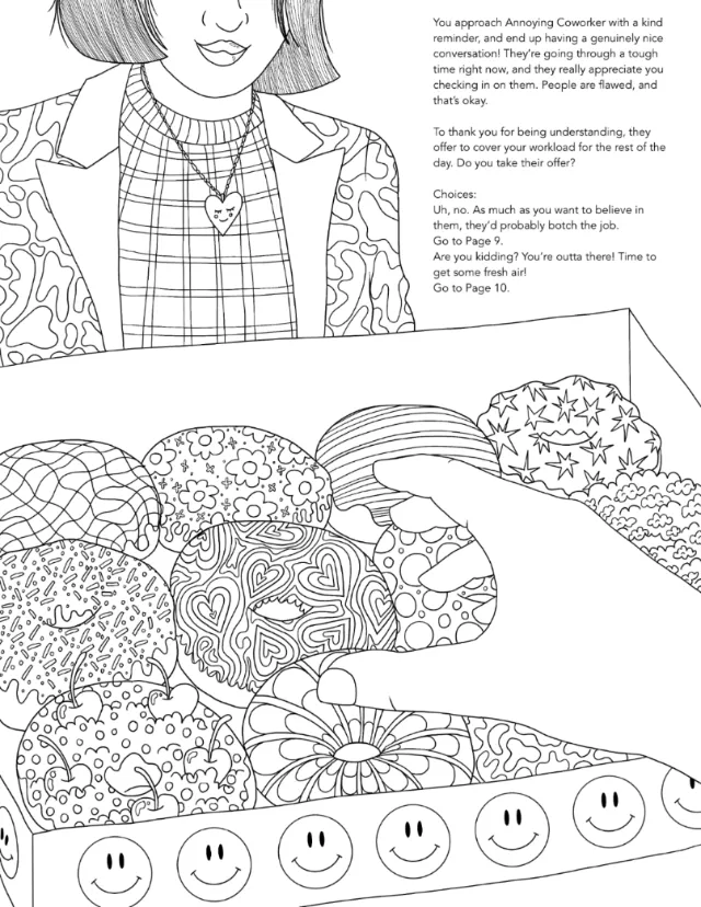 Line drawing of a woman and a cushion decorated with various patterns and smiley faces.