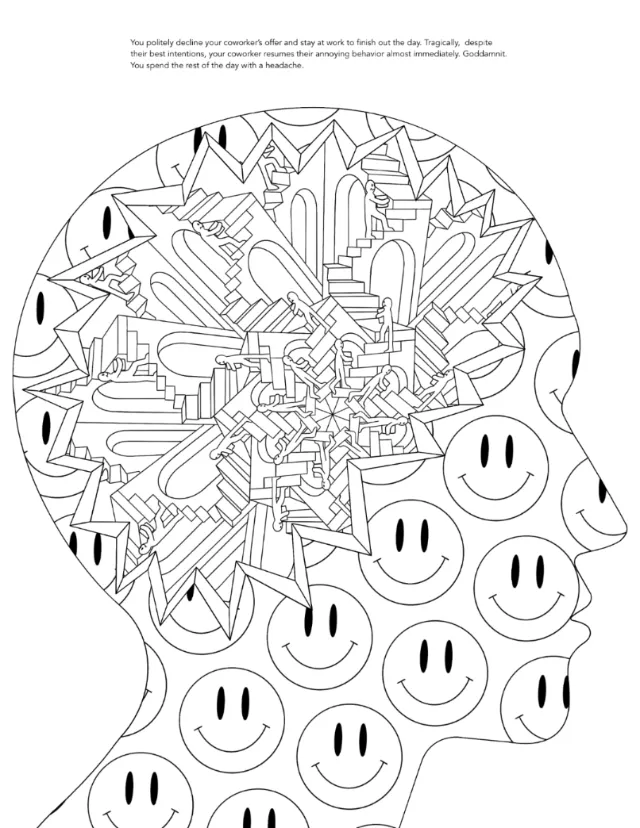 Abstract head profile with geometric shapes and smiley faces inside